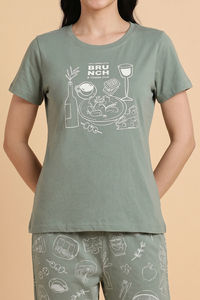 Zivame Breakfast Story Knit Cotton Pyjama Set - Iceberg Green — thumbnail 5